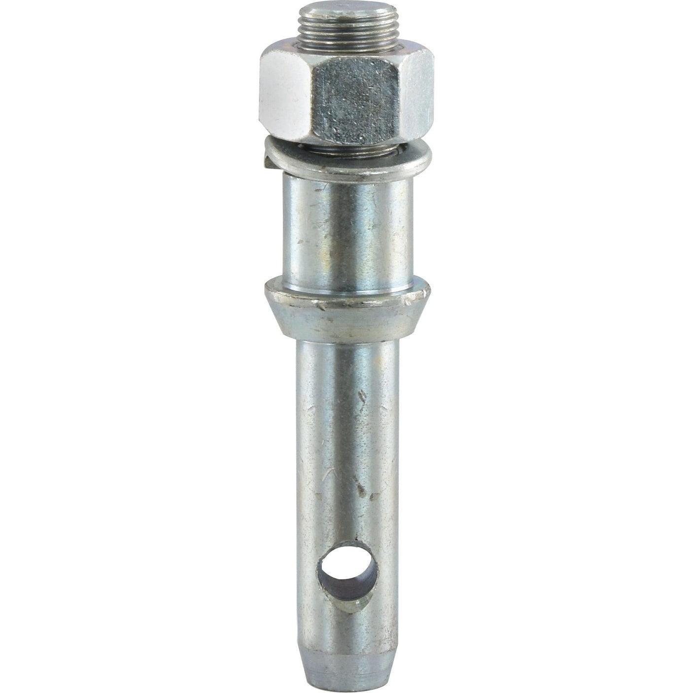 A Lower Link Implement Pin 22x146mm with a 7/8''x40mm threaded hex nut, featuring a hole near the bottom, ideal for Massey Ferguson machinery - Sparex Part No.S.201.