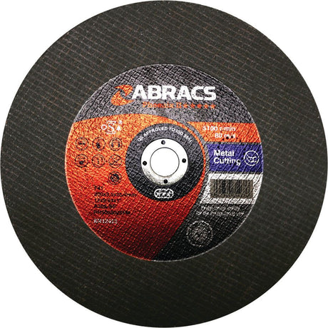 Image of a black and red Sparex Flat Metal Cutting Disc ⌀300 x 3.5 x 25mm A30SBF - S.20208 with labeling and specifications visible on the front, showcasing its high-performance quality known for professional use.