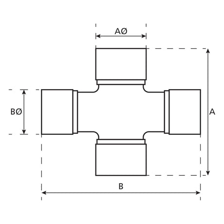 Technical drawing of the Universal Joint - 28.6 x 81.3 & 31.8 x 108mm (Standard Duty) - S.20223 by Sparex with labeled dimensions: A is the overall height, B is the overall width, and Ø indicates the diameter of the pipes. This diagram also references AW35/CAT4 standards for universal joints.