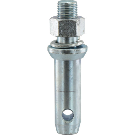 A Sparex Lower Link Implement Pin, measuring 28x137mm with a 7/8''x35mm Cat. 2 thread size, features a threaded top, hexagonal nut, and circular hole at the bottom—perfect for implement attachment pin applications. (Sparex Part No.S.202)