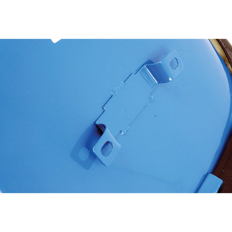 Close-up of a blue metal surface with a Sparex Seat Assembly (Sparex Part No. S.20351) featuring a rectangular bracket with two holes and two attached clips, perfect for mounting onto an Iseki compact tractor seat.