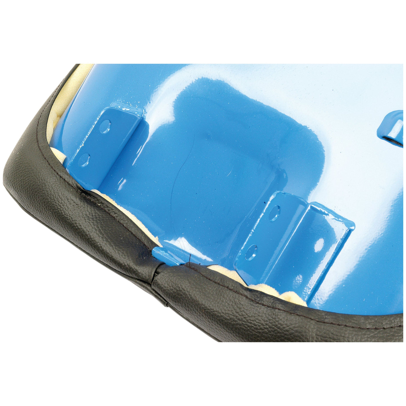 The image shows the underside of a blue Sparex Seat Assembly (Sparex Part No. S.20351) with a black border, featuring visible metal brackets and padding material, similar to those found in Iseki models.