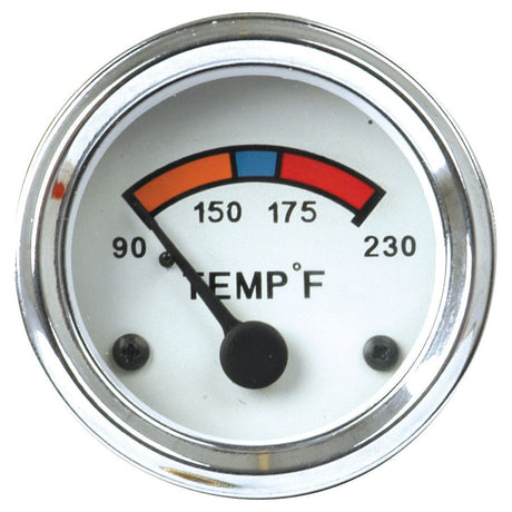 The Sparex Water Temperature Gauge (Sparex Part No. S.20385) features a round, illuminated display indicating temperatures in Fahrenheit, showing a reading of approximately 90°F within its range of 90°F to 230°F. Color segments highlight different temperature ranges, making it ideal for Ford / New Holland DEXTA tractors and other Agripak equipment.