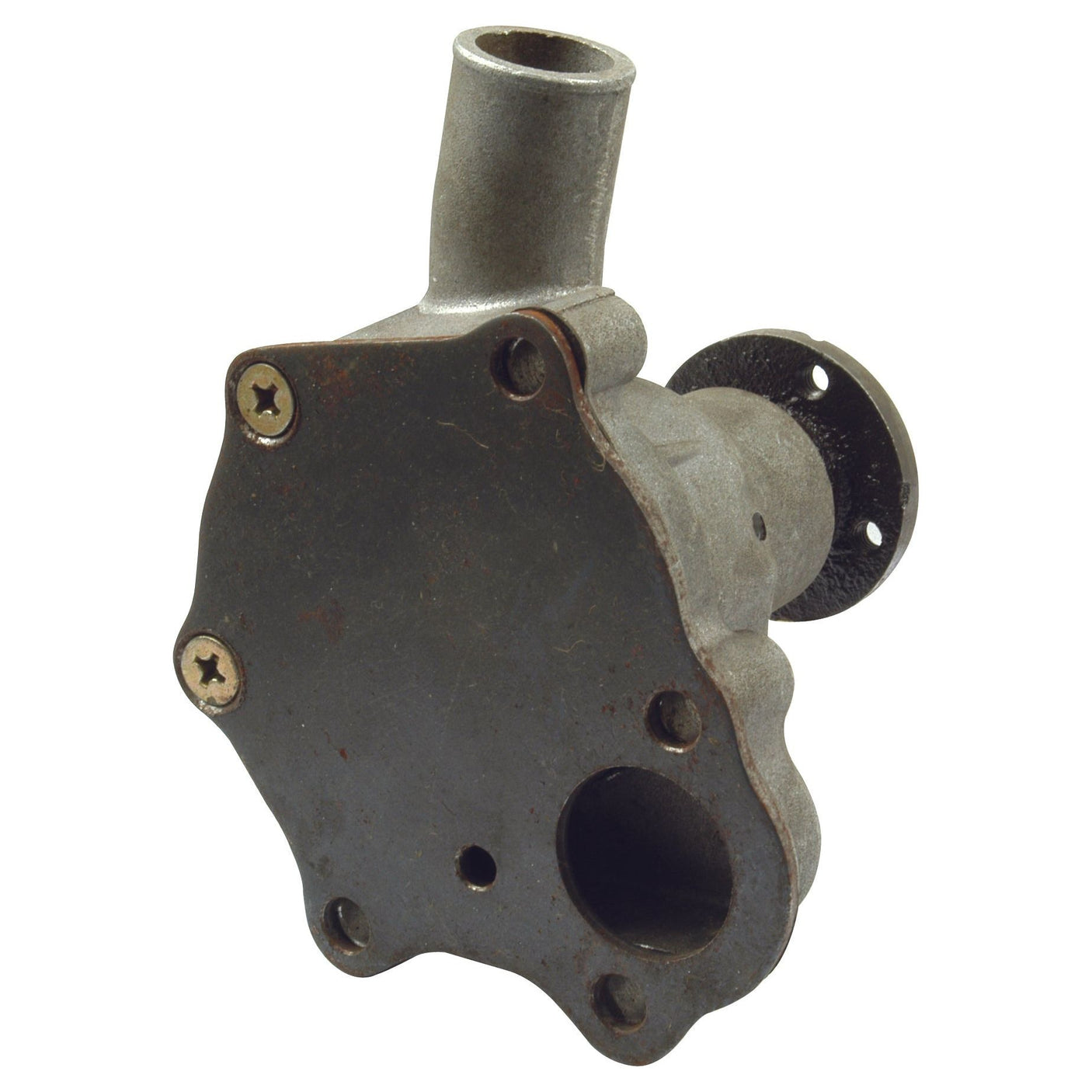 A metal automobile part named the Water Pump Assembly (Sparex Part No. S.20395) featuring a main body with two screw holes and a protruding pipe section at the top, compatible with Hinomoto vehicles.