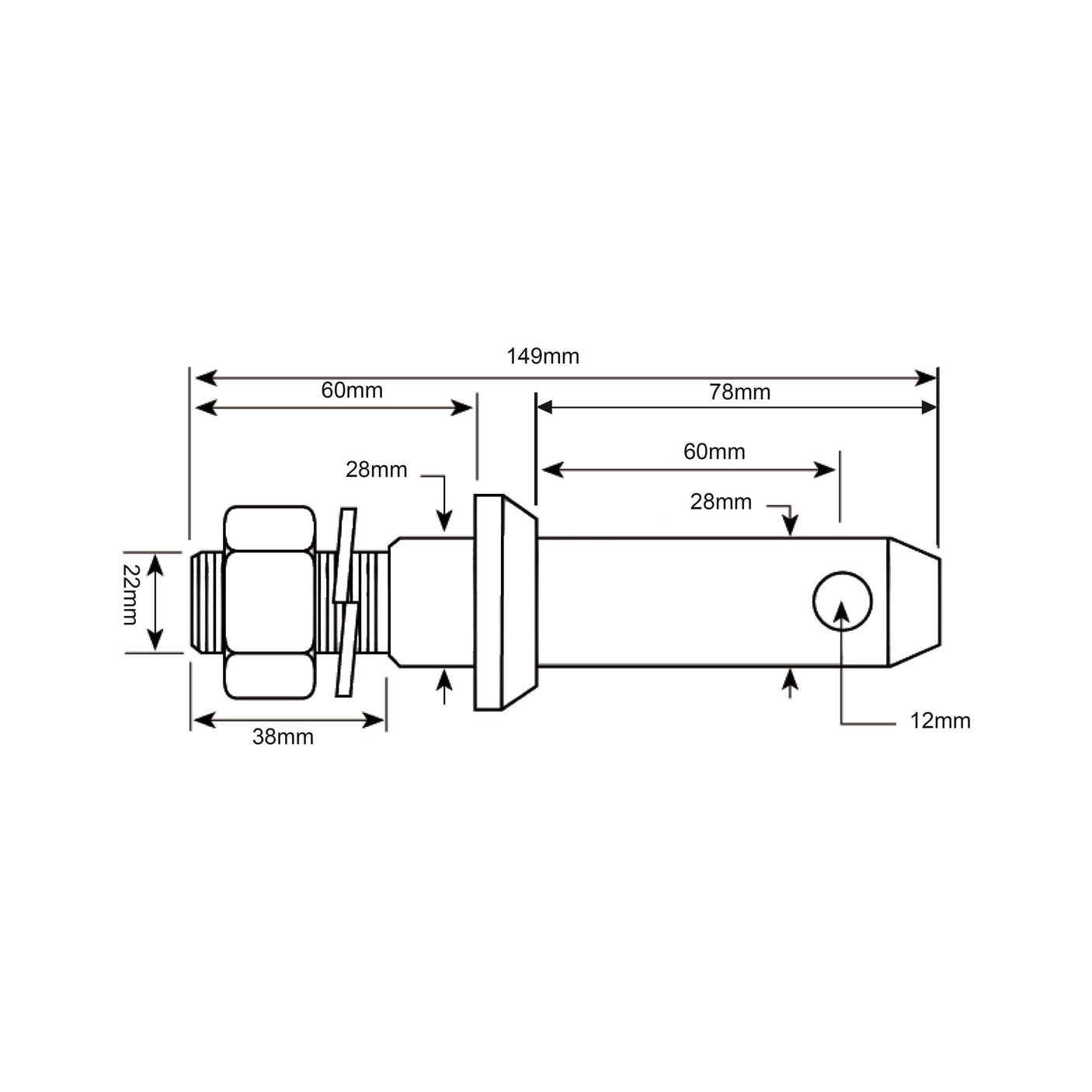 Technical diagram of a Lower Link Implement Pin for a Massey Ferguson tractor. Length: 149mm; head diameter: 38mm; shaft width: 28mm; thread length: 60mm; total length including threaded section: 78mm. Part of the Sparex range, Sparex Part No.S.203 (Thread size 7/8''x38mm Cat. 2).