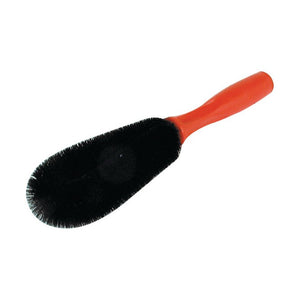 The Sparex Brush for Alloy Wheels - S.20415 features a red handle, stiff black bristles, and an elongated shape, making it perfect for scrubbing alloy wheels.