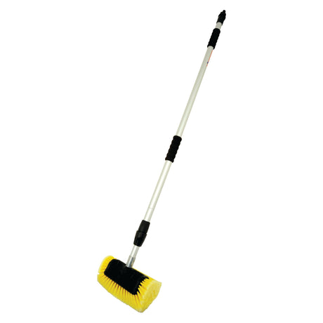 The Professional Telescopic Brush - S.20417 by Sparex is an extendable brush featuring a long metal handle and a yellow bristle head, designed for cleaning purposes with its telescopic extension arm.