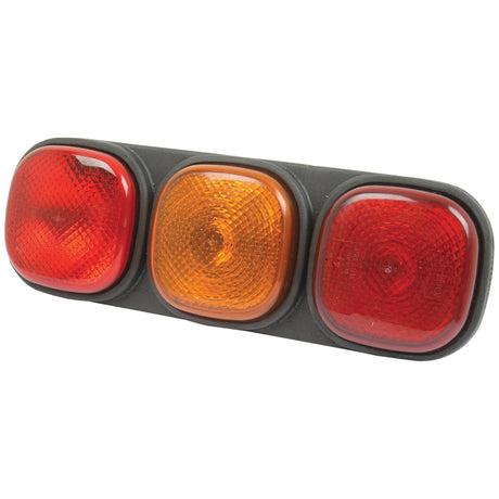 Three rectangular lights from Sparex, product name Halogen Rear Combination Light 12V, RH & LH - S.20471, mounted on a black base, featuring two E Approved red brake lights on the ends and an IP65-rated orange light in the center.