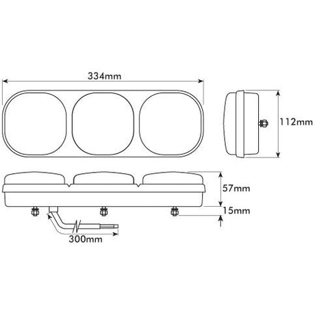 Detailed technical drawing of a Halogen Rear Combination Light 12V, RH & LH - S.20471 by Sparex. Dimensions are labeled: width 334mm, depth 112mm, height 57mm (including a 15mm part), and an additional component measuring 300mm. IP65 rating ensures durability.