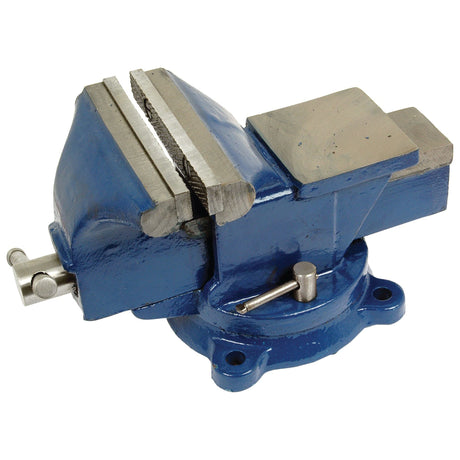 A blue metal Sparex Swivel Bench Vice - 125mm / 5'' (Sparex Part No. S.20513) with a rotating base, flat anvil surface, and adjustable jaws for clamping objects securely.