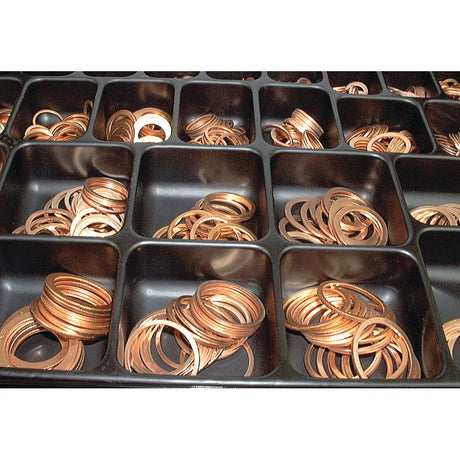 The Sparex Metric Copper Washer Compak - S.20520 (680 pcs.) includes a segmented black container with various compartments filled with metric copper washers, featuring thicknesses from 1mm to 1.5mm and internal diameters ranging from 6mm to 20mm.