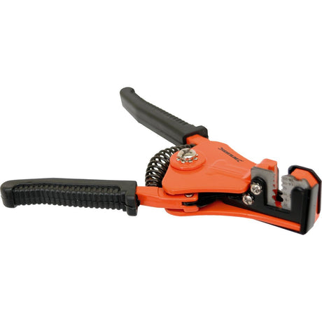 The Sparex Wire Stripper - Automatic (Part No. S.20528) in red and black, featuring a spring mechanism and adjustable blade, sits on a white background, ideal for various wire diameters.