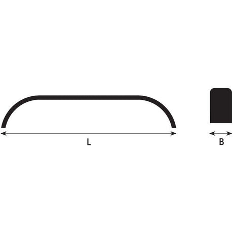 Diagram showing the side and top views of a rectangular profile with a semicircular top, similar to that found in the Trailer Mudguard (Single) - S.20571 by Sparex for certain Tyre Size 10'' models. The length is labeled "L" and the width is labeled "B".