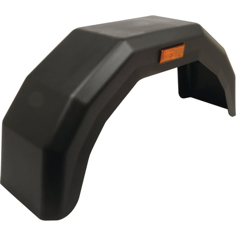 The Sparex Trailer Mudguard (Single) - S.20572 is a black polythene fender with an angular design, suitable for a single 13'' tyre, and features an orange reflector on the side.