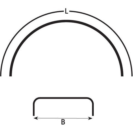 A diagram showing a half-circle with the arc length labeled 'L' and a rectangular base with rounded ends, resembling the Sparex Trailer Mudguard (Tandem) - S.20573 ABS plastic casing, with the width marked 'B'.