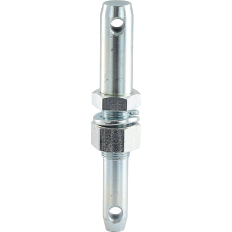 The Sparex Lower Link Implement Pin Dual 22 - 28x203mm (Sparex Part No. S.205) is a metal rod with threads, nuts, and holes on both ends, featuring a thread size of 7/8 UNF and an overall length of 203mm.