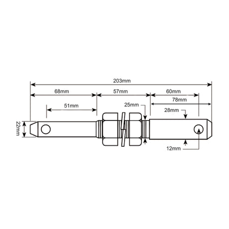 Technical diagram of a Lower Link Implement Pin Dual 22 - 28x203mm by Sparex, featuring detailed measurements. Specific lengths include 203mm, 68mm, 57mm, 60mm, 78mm, 51mm, 25mm, and 12mm. The overall length is exactly measured at 203mm. The implement pin features a thread size of 7/8x57mm and corresponds to Cat.1/2 specifications (Sparex Part No.S.205).