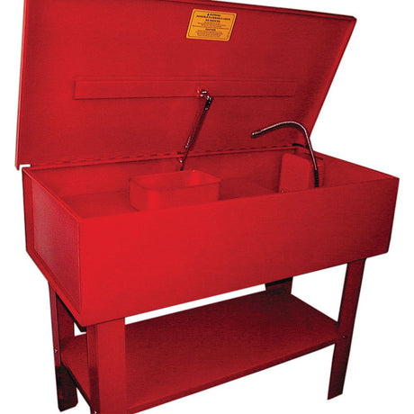 The PARTS WASHER-40 GALLON from Sparex (Part No. S.20617) features a red metal design, a fire-proof cover, a flexible metal spout, and a lower shelf for storage.