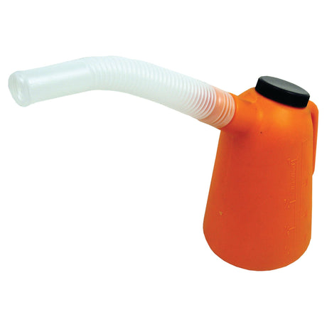 The Sparex Plastic Jug - 1L (Sparex Part No.S.20624) features an orange body, a flexible white spout, and a black lid.