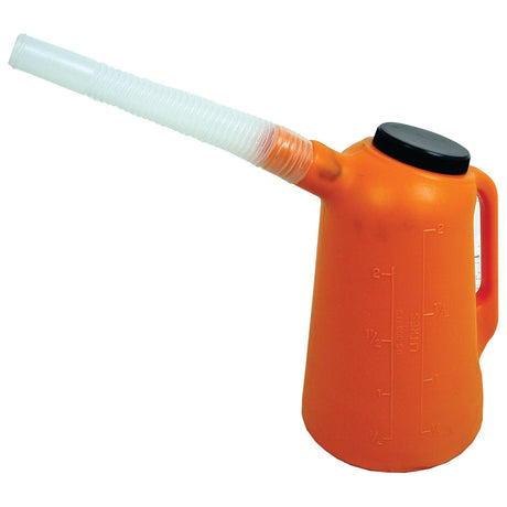 The Sparex Plastic Jug - 2L (Part No. S.20625) is a bright orange canister with a black cap and a flexible spout. It has measurement markings on the side that display its 2-liter capacity, making it easy to gauge precise amounts.