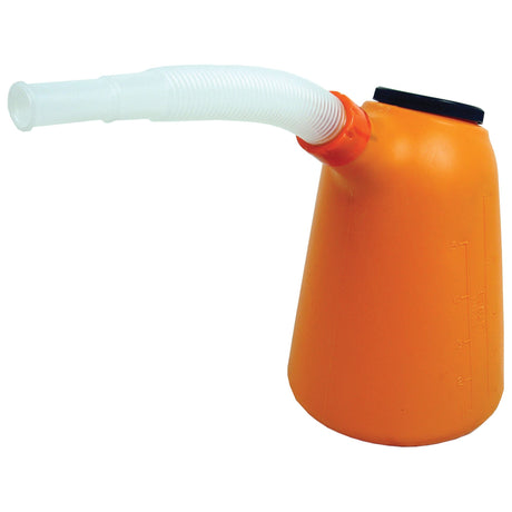 The Sparex Plastic Jug - 5L (Sparex Part No. S.20626) is an orange container equipped with a flexible white spout for easy pouring.