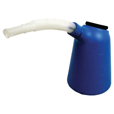 The Plastic Jug - 2L from Sparex (Part No. S.20628) is a blue container with a flexible white spout and a black lid, ideal for dispensing liquids, and has a capacity of 2 litres.