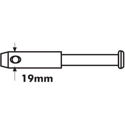 Line drawing of a Sparex replacement pin, model PIN | Sparex Part No.S.2062, with one end 19mm in diameter, featuring an eyelet, extending to a cylindrical shaft and a rounded handle. Tariff Code 8716909098.