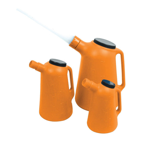 A set of three Sparex plastic jugs, in 1L, 2L, and 5L sizes with orange bodies and black caps. Each jug comes with an ergonomic handle, and the 2L jug features a pouring spout. Brand: Sparex (Part No. S.20630).