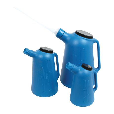 The Plastic Jug - Set 1, 2 & 5L by Sparex (Part No. S.20631) includes three blue plastic oil measures of varying sizes, each equipped with black screw-on caps and measurement markings on the side. The largest container in this set is a durable plastic jug that features a long, flexible spout.