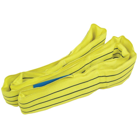 The Sparex Lifting Loop 50mm x 2M (2000KG), distinguished by its bright yellow color and black stripes, comes coiled and lying flat. Engineered for lifting and pulling tasks up to a capacity of 2000 kgs, this high-quality product guarantees durability and reliability.