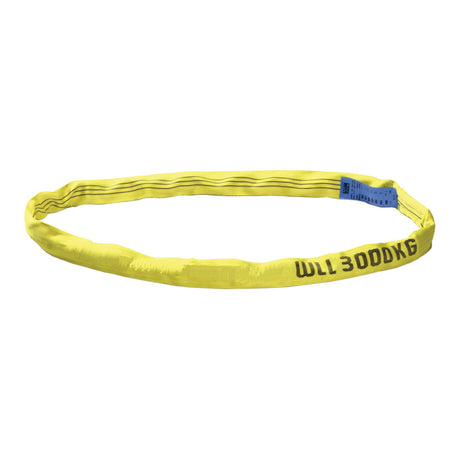 A yellow Sparex Lifting Loop measuring 50mm x 3M, labeled "WLL 2000 KG", comes with a blue tag providing additional information and is ideal for general lifting or pulling tasks.