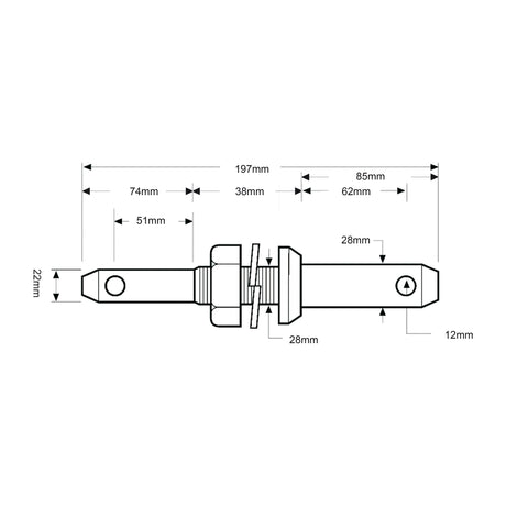 Technical drawing of the Sparex Lower Link Implement Pin Dual 22 - 28x197mm (Sparex Part No. S.206) with labeled dimensions, including lengths of 197mm, 74mm, working length of 51mm, 38mm, 85mm, and 62mm. Diameters include Pin Ø28mm, Ø22mm, and Thread size Ø12mm as well as a thread size of M7/8x38 Cat.1/2.