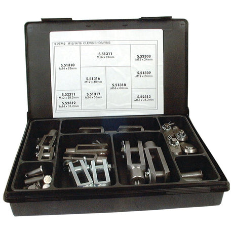 The Sparex Metric Clevis End and Pin Assortment (DIN 71751), product number S.20710, comes in a black case containing 28 assorted pieces with labels indicating various sizes and specifications. The items are organized into compartments for easy access.