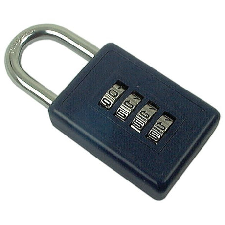 The Sparex Combination Padlock S.20772 is a blue, rectangular lock with a hardened silver shackle and four rotating number dials.