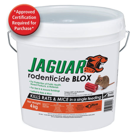 A 4 kg bucket of Sparex NLA RATBAIT-JAGUAR (S.20779) rodenticide blox, featuring an image of a mouse near the bait. The label indicates it is lethal to rats and mice in one feeding and requires certification under the UK Rodenticide Stewardship Regime for purchase.