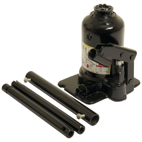 The Sparex Hydraulic Bottle Jack 6T (Sparex Part No. S.20798) in black features a handle and multiple detachable lever pieces laid beside it.