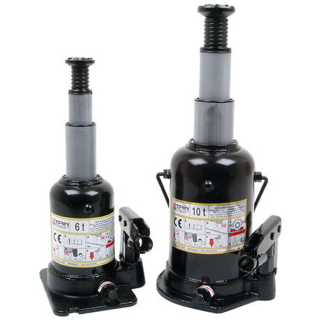 Two hydraulic bottle jacks: The left one, a Hydraulic Bottle Jack 6T by Sparex (Part No. S.20798), with a 6-ton capacity, and the right one rated at 10 tons. Both are black with gray lifting mechanisms, featuring warning labels and CE certifications.