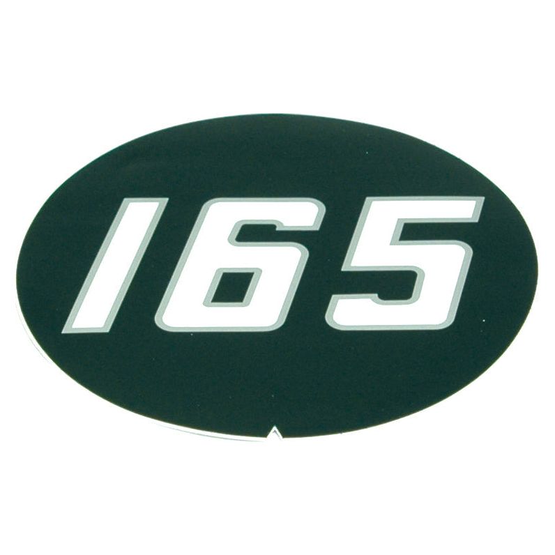 The Sparex Decal - Massey Ferguson 165 (Part No. S.2083) features an oval-shaped design with the number "165" boldly displayed in white numerals on a dark green background, capturing the nostalgic essence of vintage Massey Ferguson decals.