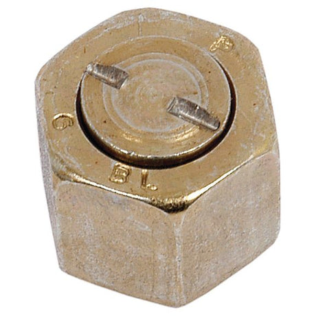 The Sparex Hydraulic Blanking Cap Adaptor ORFS 11/16'' UNF (Part No. S.20858) is a brass-colored hex nut with a slotted, circular top, featuring engraved text and symbols, designed for use with a 3/8'' hose and 11/16'' UNF fittings.