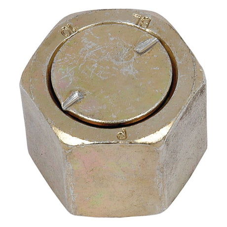 Close-up of a Sparex Hydraulic Blanking Cap Adaptor ORFS 1''UNF (Sparex Part No.S.20860) made of brass, featuring a hexagonal design with markings and a slotted indentation on the top surface, designed to fit a Hose I/D 5/8".