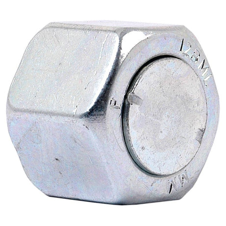 A shiny silver Hydraulic Blanking Cap Adaptor ORFS 1.3/16''UNF | Sparex Part No.S.20861 is shown against a white background, with "M12" engraved on one of its sides—an ideal fit for a Parker Hose assembly.