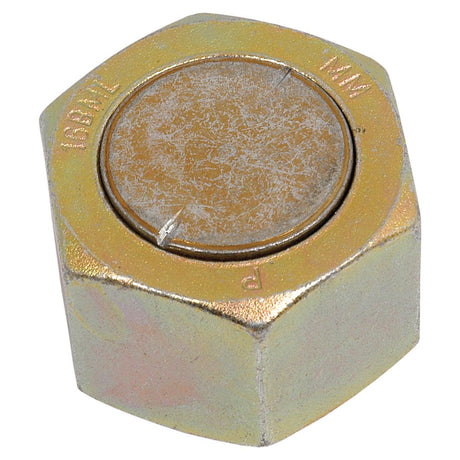 A metal hex nut with a solid, circular insert in the center against a white background, featuring the precision of the Hydraulic Blanking Cap Adaptor ORFS 1.7/16''UNF by Sparex | Sparex Part No.S.20862.