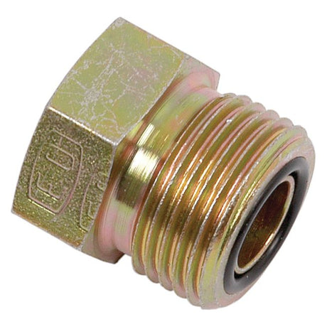 A metallic hexagonal fitting with threaded edges and a black O-ring on one end, designed for Parker Hose applications. Product name: Hydraulic ORFS Blanking Plug 13/16''UNF | Sparex Part No.S.20865 by Sparex.