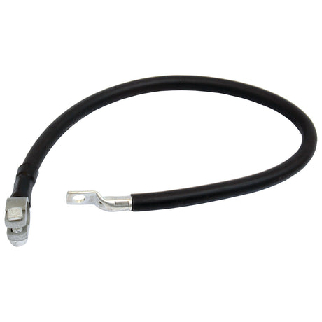 The Sparex Battery Strap, Earth/Negative (Clamp) Length: 600mm - S.20886, against a white background. Featuring metal connectors on both ends—one with a bolt and the other with a hole—the black PVC coating ensures durability and insulation, making it ideal for automotive or electronic applications such as connecting to a battery terminal.