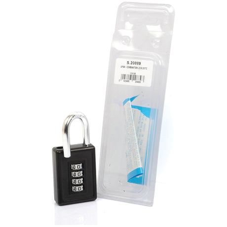 A Sparex Combination Padlock - Metal (1pc. Agripak) - S.20889, featuring a four-digit dial and a hardened shackle, sits next to its clear plastic packaging.