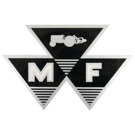 The Decal - Massey Ferguson Triple Triangle by Sparex (Part No.S.2089) features a black and white design. It includes a triple triangle motif where the top triangle showcases a stylized tractor, and the bottom two triangles prominently display "M" and "F," symbolizing Massey Ferguson.