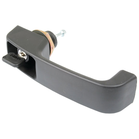 The Outer Door Handle RH & LH, also known as Sparex Part No.S.20913, features a built-in key lock mechanism designed for securing doors or cabinets. Commonly used in Massey Ferguson machinery, this black handle from the Sparex brand includes a small key to be inserted into the keyhole.