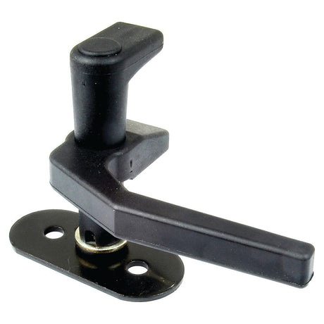 A black metal latch lever, oriented horizontally and attached to an oval base plate with two screw holes, designed for the Massey Ferguson Handle - Rear Window Kit by Sparex, known as the Rear Window Handle (Sparex Part No.S.20919).