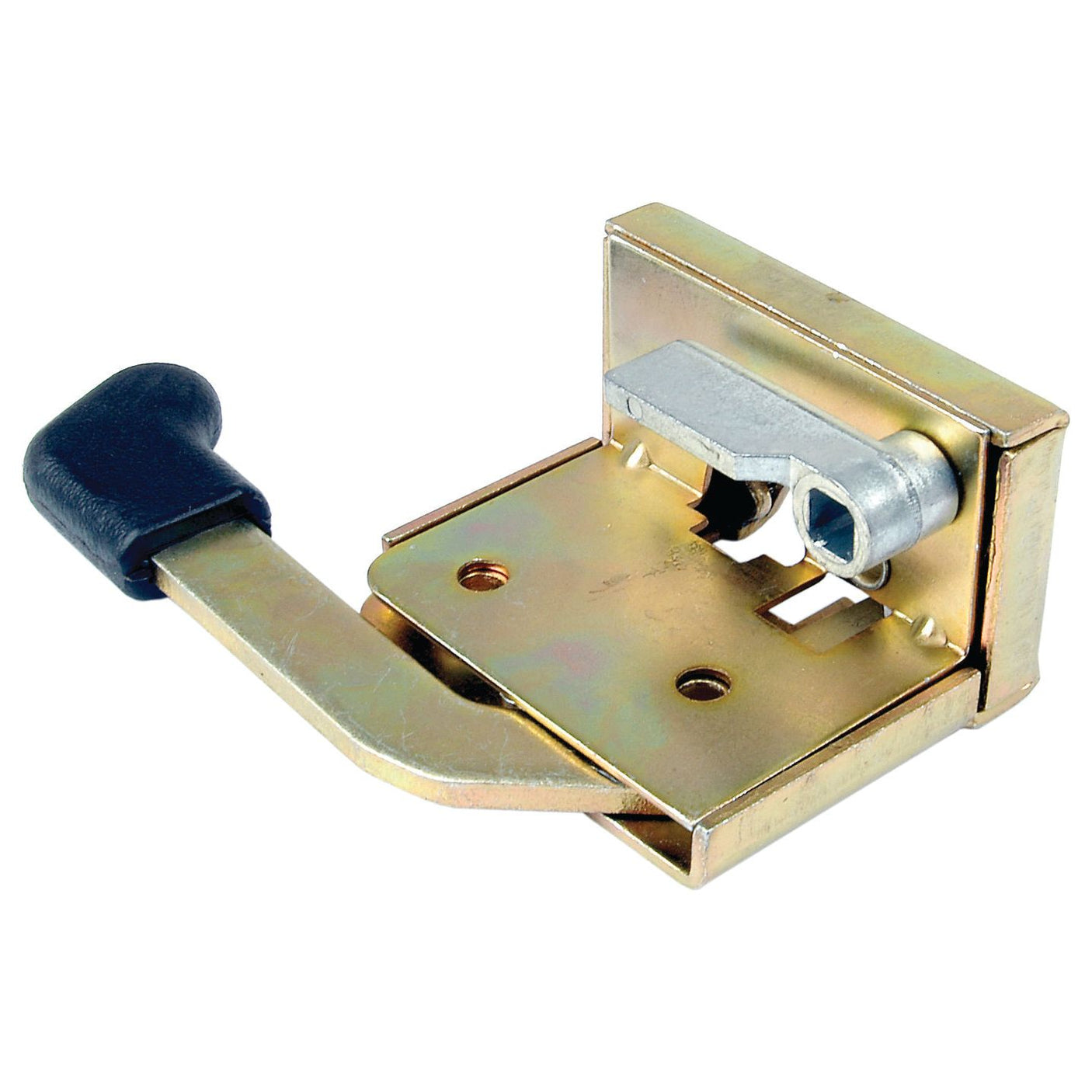 A Sparex Inner Door Handle RH (Sparex Part No. S.20932) features a metallic latch mechanism with a rectangular base and lever handle, complete with a black rubber end. It is similar to those used on International Harvester equipment, featuring mounting holes and a cylindrical component for locking.