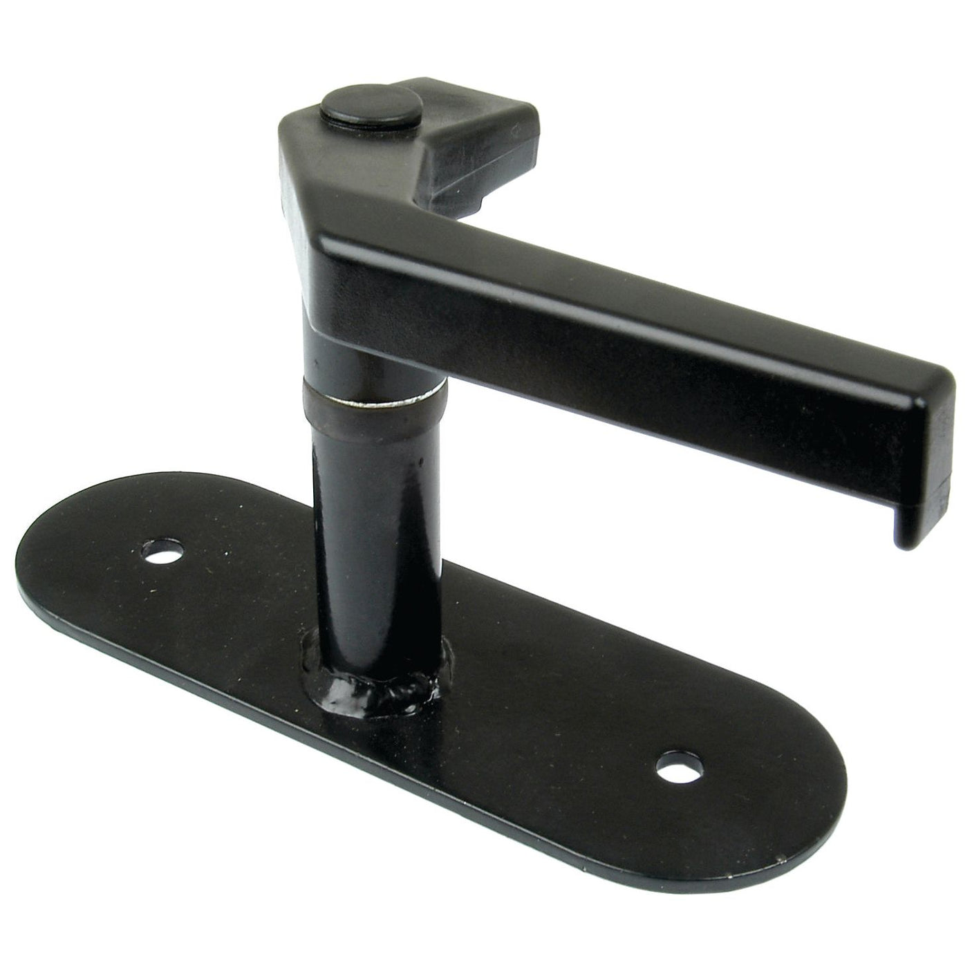 The Rear Window Handle, Sparex Part No. S.20939 by Sparex, features a black metal lever handle attached to a base plate with two screw holes, designed for door or rear window operation and is compatible with Ford / New Holland models.